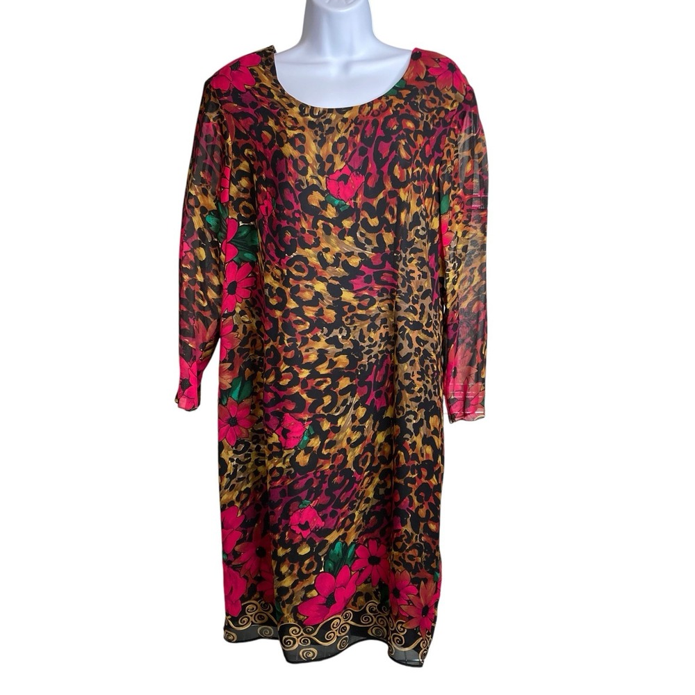 VTG DIANE FREIS 100% Silk Cheetah/Floral Print Midi Dress Sz 12 Statement Bold
